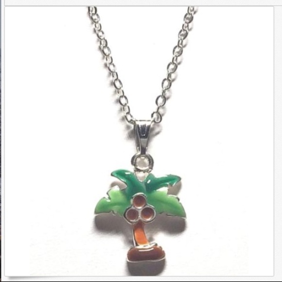 Palm Tree Necklace 19" Silver Plated Green Enamel Beach Island Coconut Tropical - Picture 2 of 9